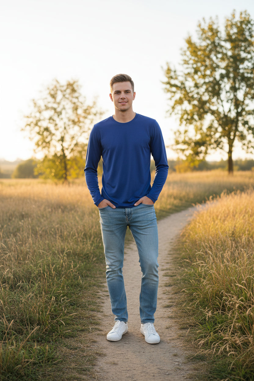 Blue long-sleeve shirt on a white background