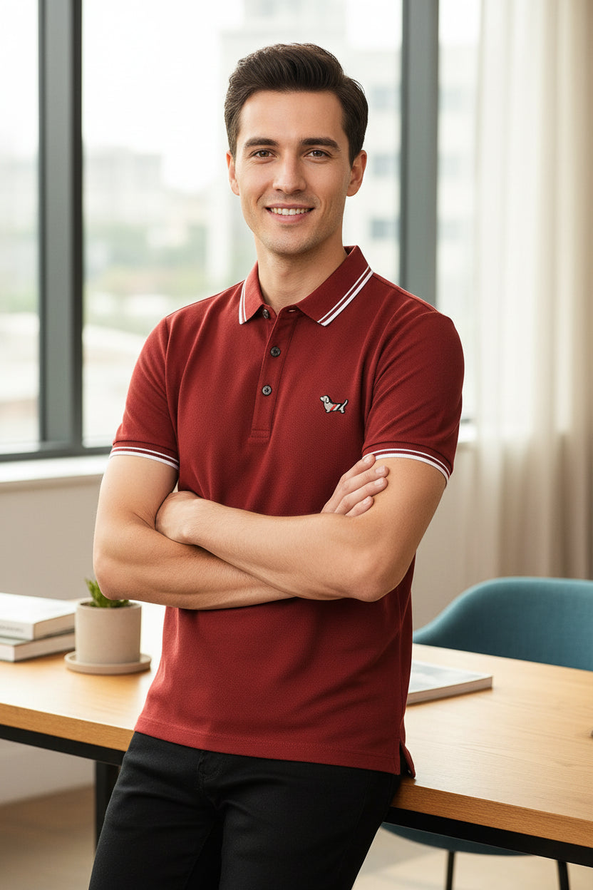 Red polo shirt with a small dog emblem held by a hand, on a rack of similar shirts.