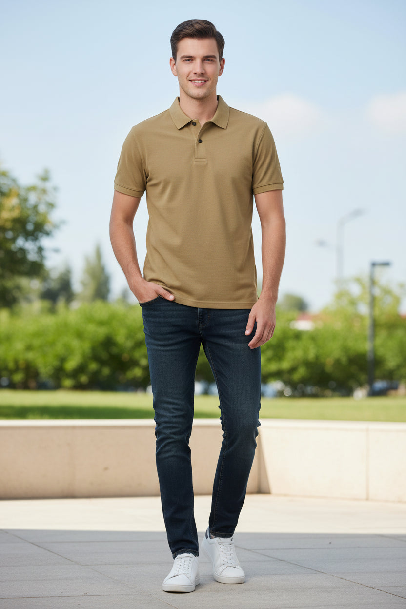 Beige polo shirt on a hanger with a hand touching the fabric