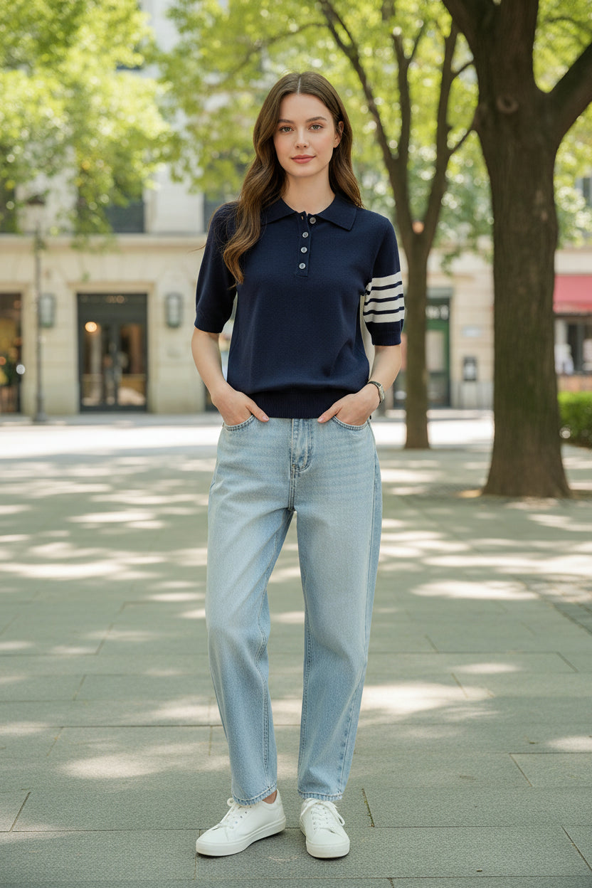 Women's Knitted Polo T-Shirt - Short Sleeved Summer Top for Casual Wear