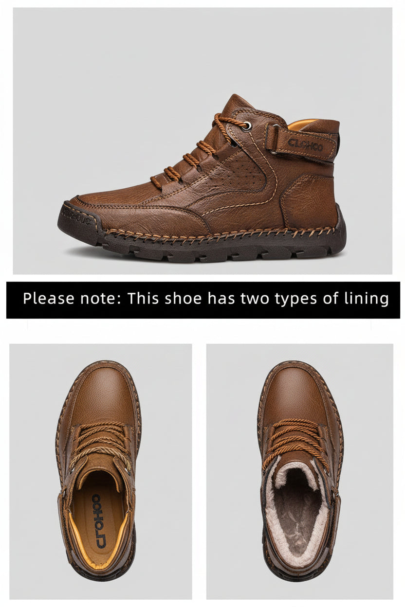 Brown leather boot with detailed view of lining and sole on a white background