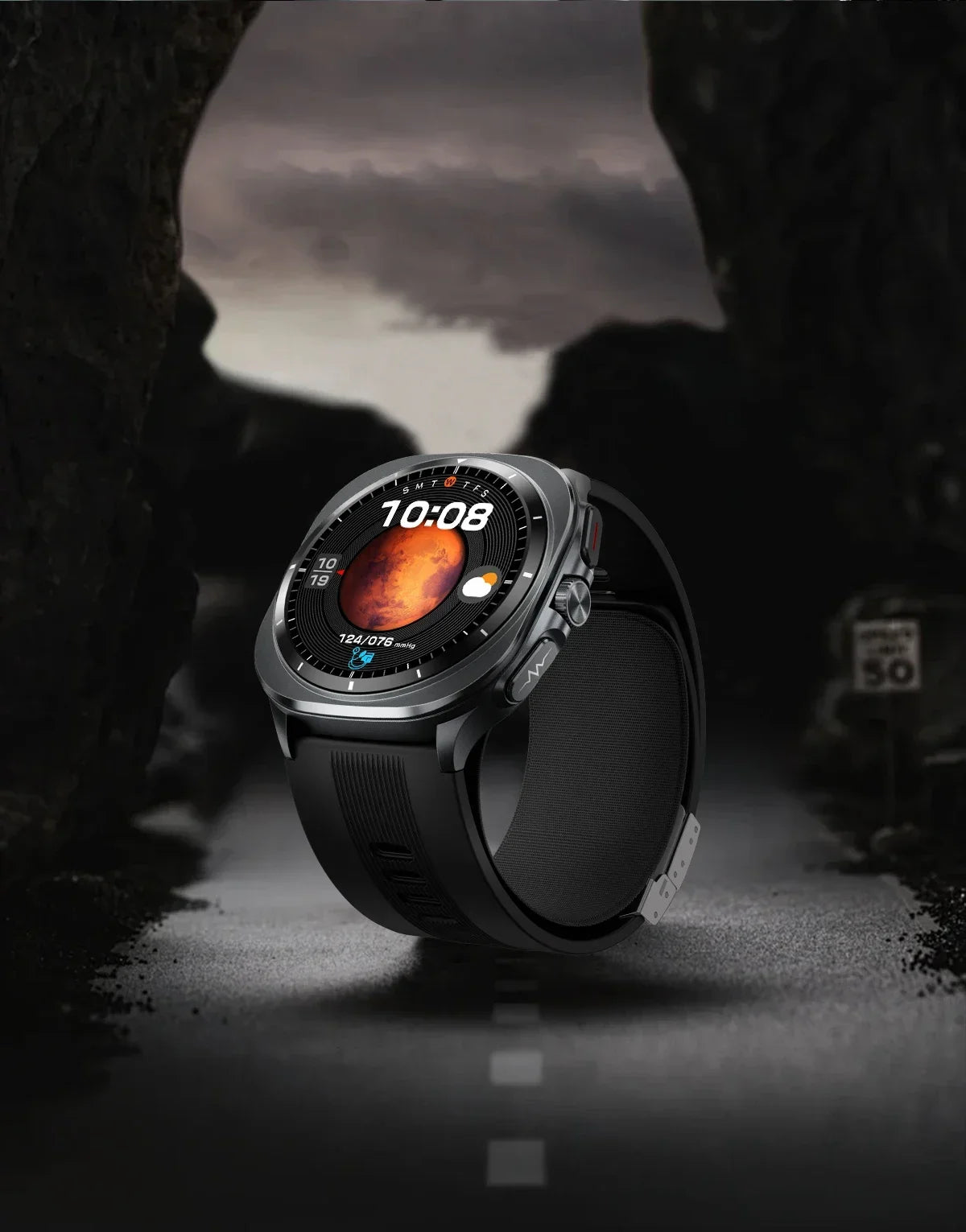 Smartwatch with a dark strap on a dark background