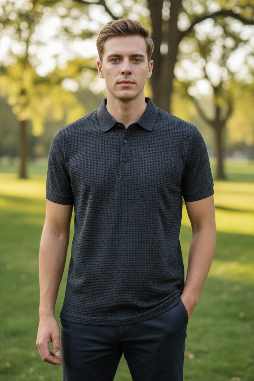 Gray textured polo shirt on a hanger with a hand holding it.