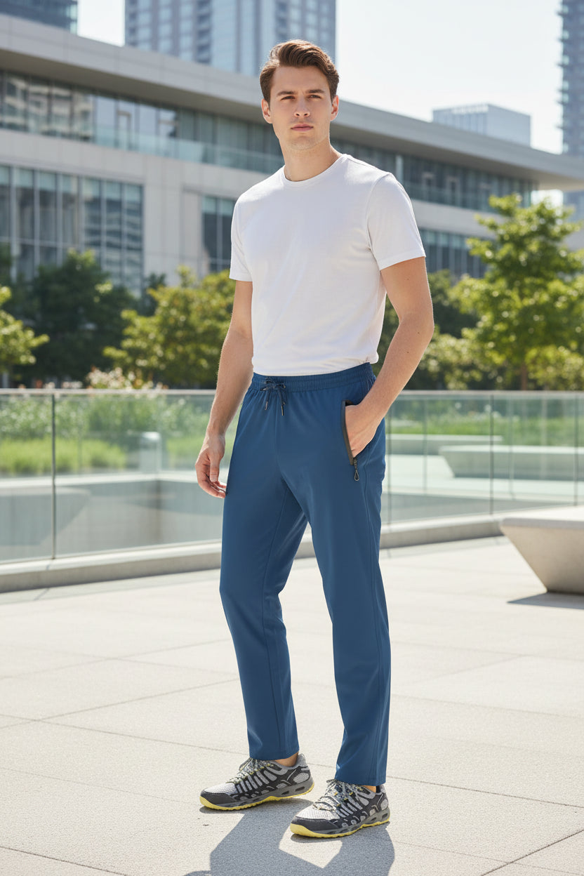 Blue pants with a zipper pocket on a white background