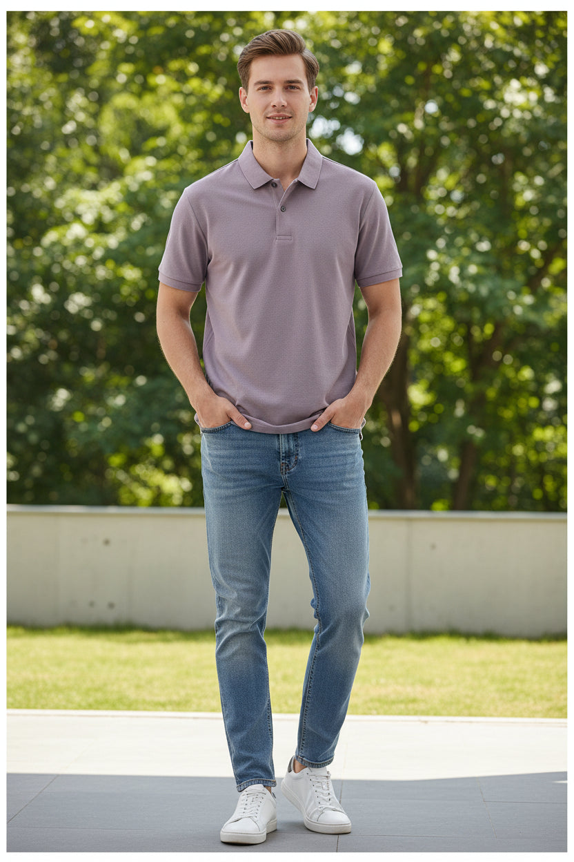 Purple polo shirt being held up with a rack of shirts in the background