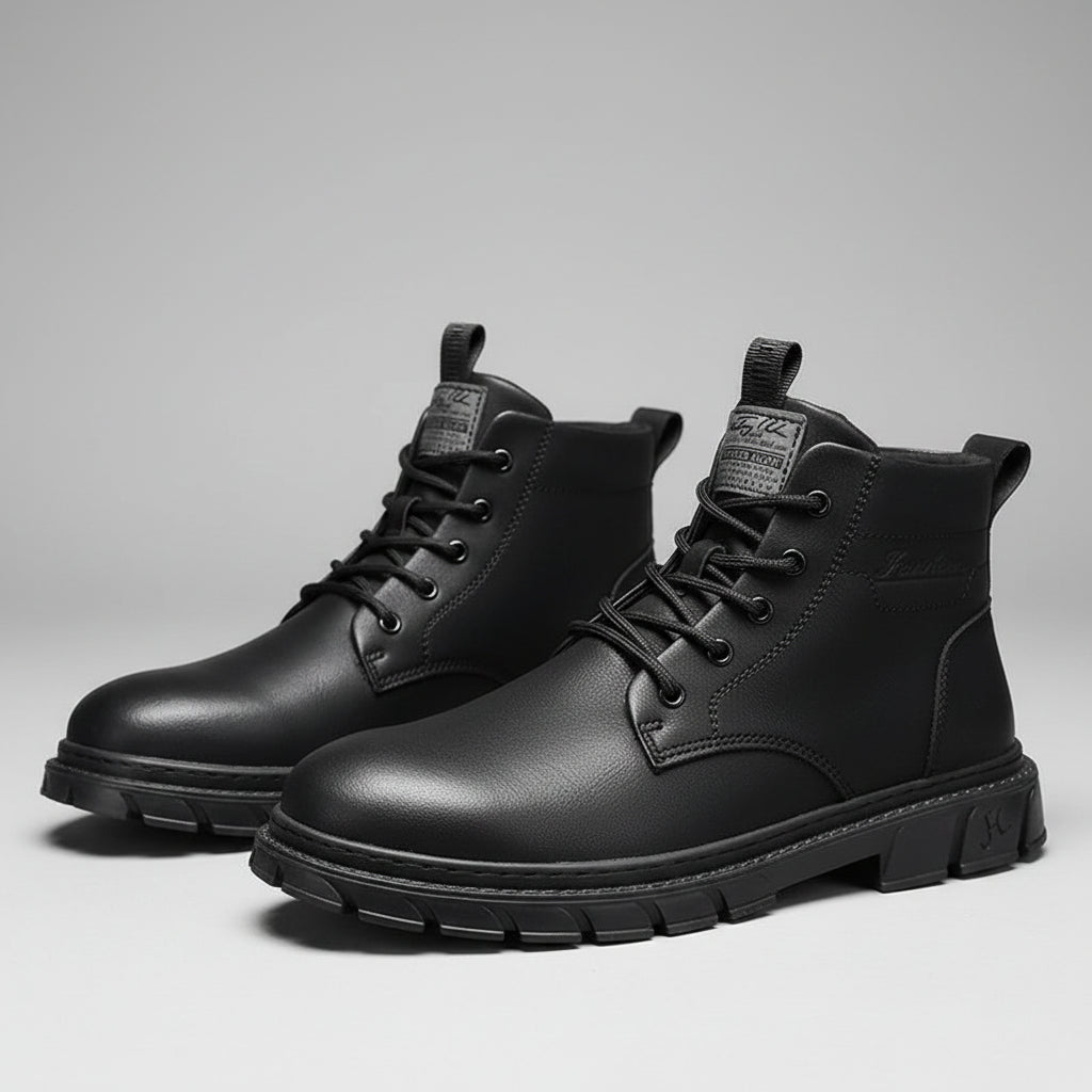 Black leather boots with a brown leather bag in the background
