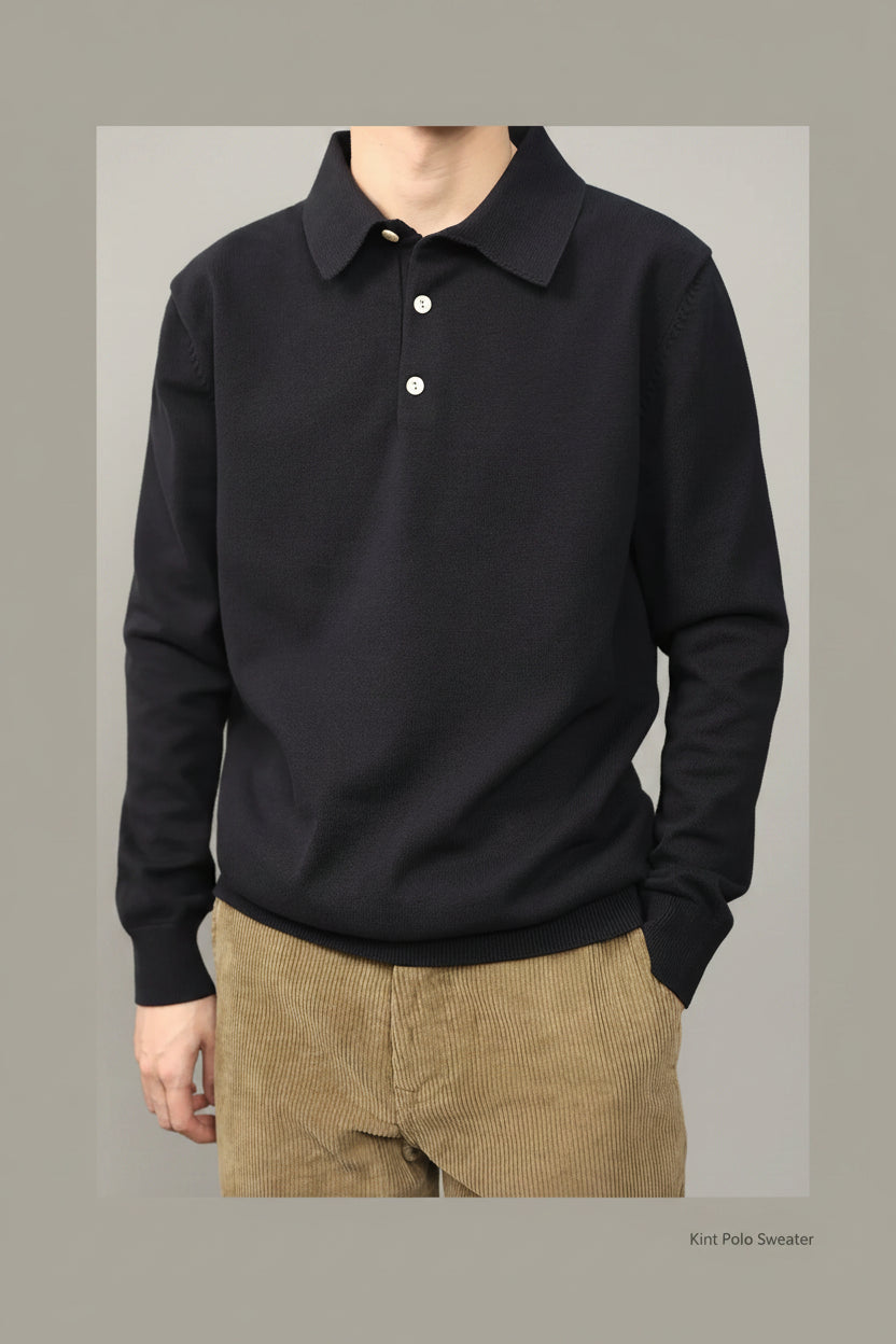Person wearing a black knit polo sweater with a green background