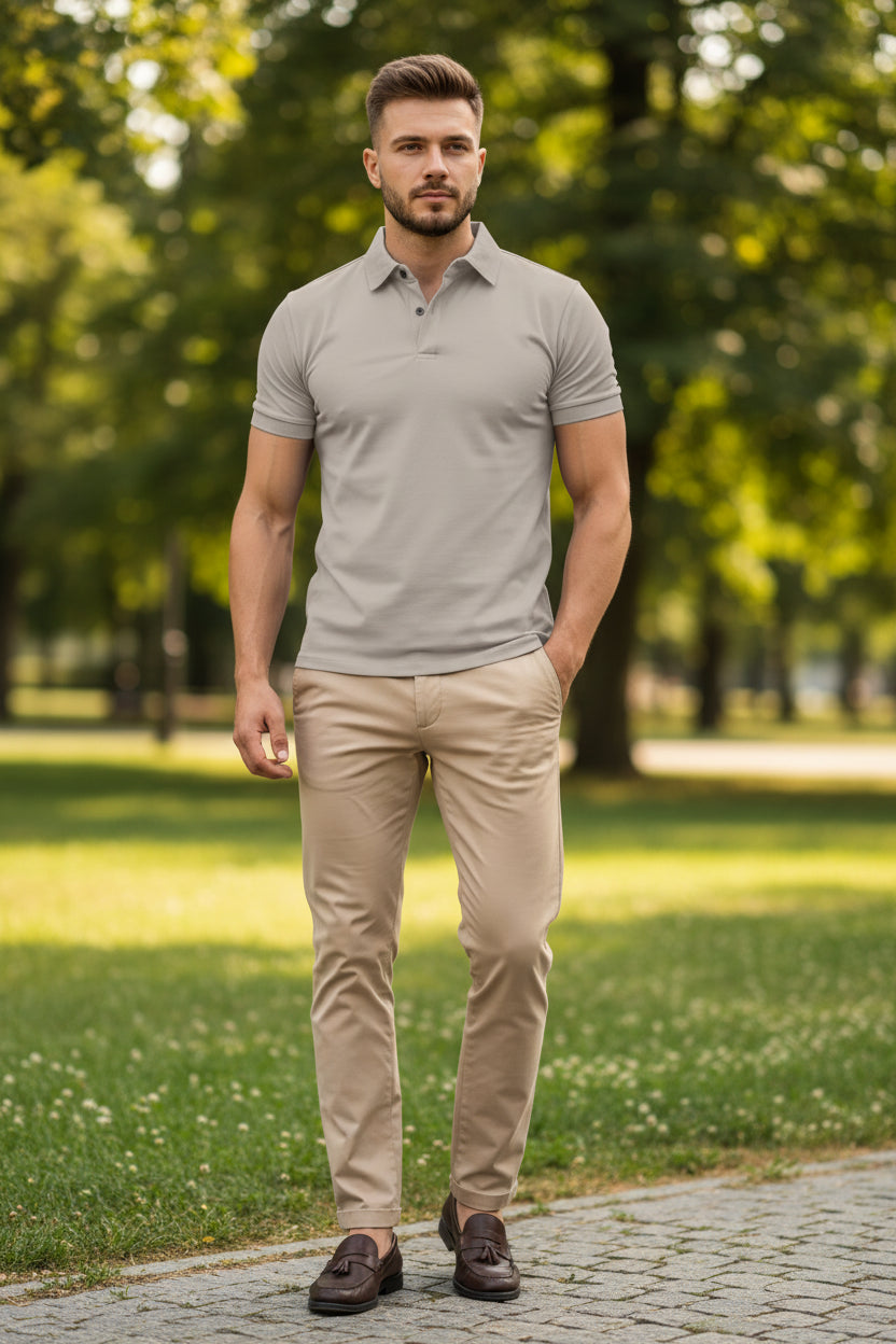 Man wearing a beige polo shirt and pants on a white background