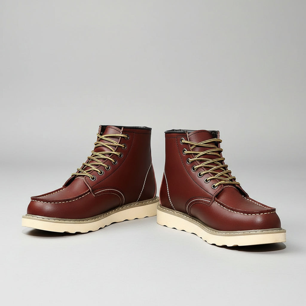 Brown leather boots with beige soles worn with blue jeans on a wooden surface.