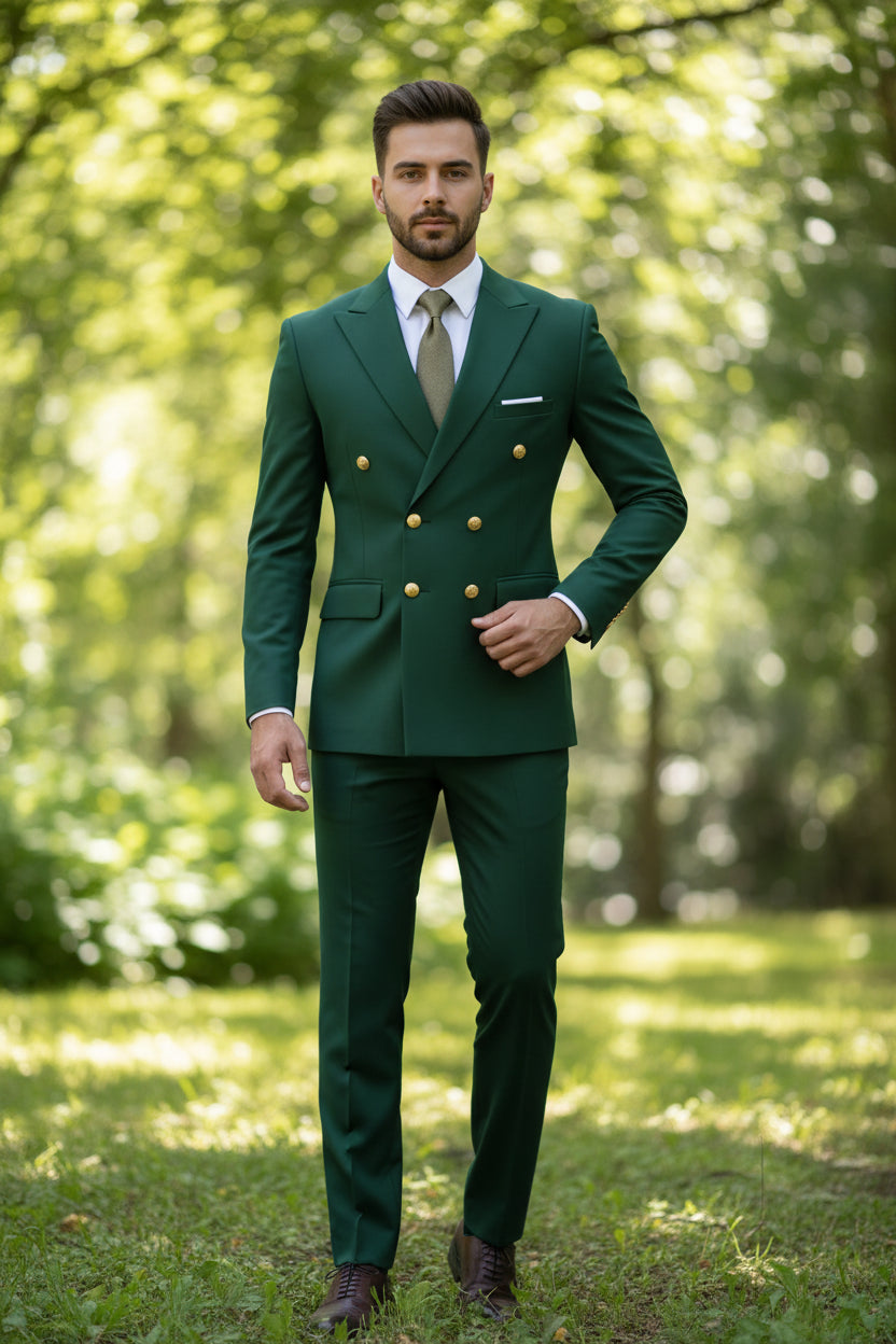 Green suit with gold buttons on a light gray background
