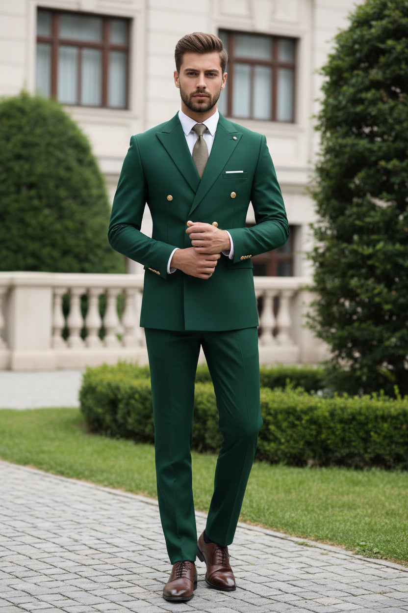 Green suit with gold buttons on a light gray background
