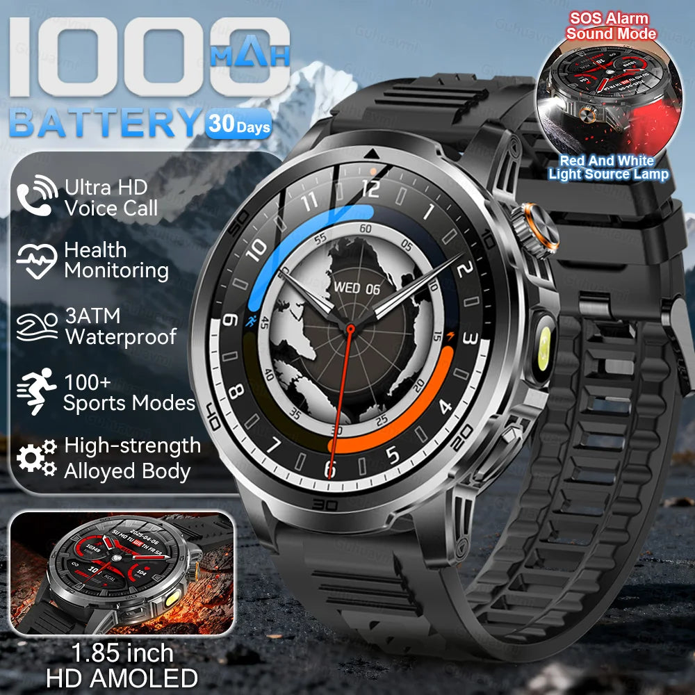 Smartwatch with features highlighted on a mountainous background
