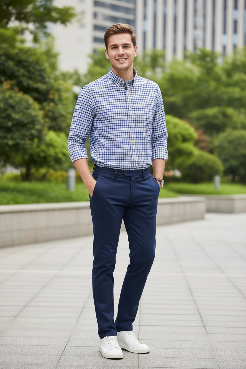 Blue and white checkered shirt with brand logo on a light gray background