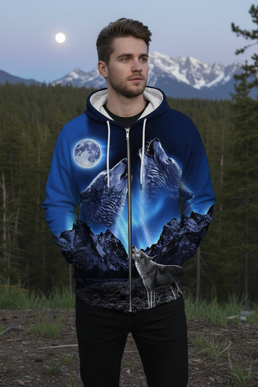 Hoodie with wolf and moon design on a white background