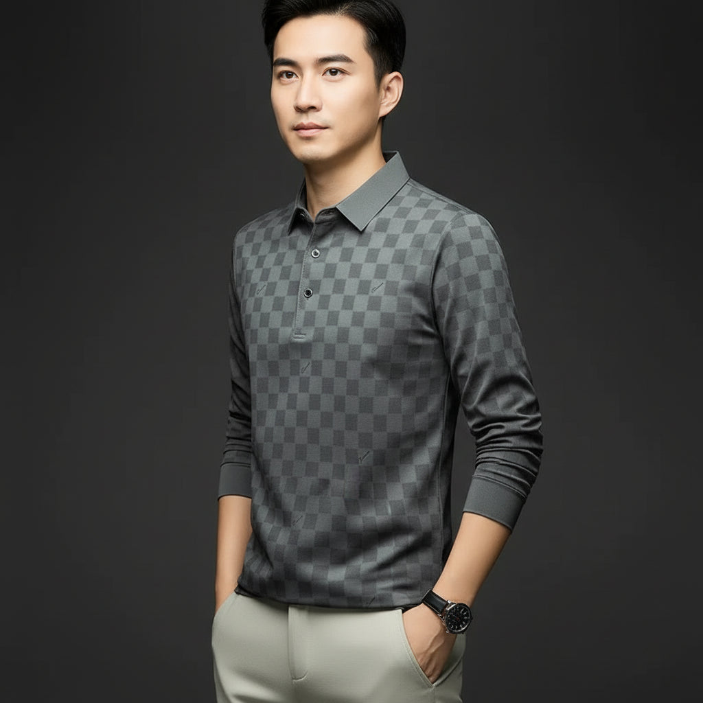 Men's Slim Fit Plaid Polo Shirt  Long Sleeve Casual Pullover