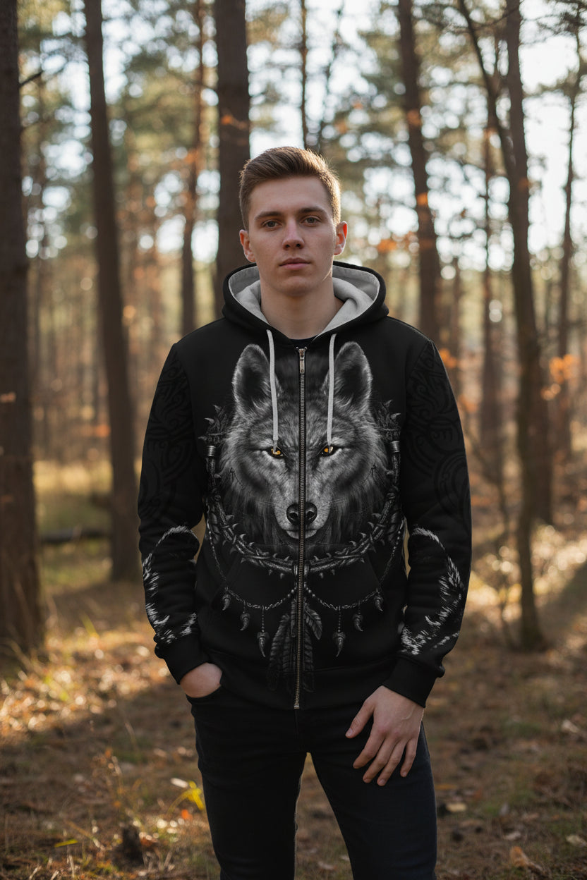 Black hoodie with a wolf design on a white background