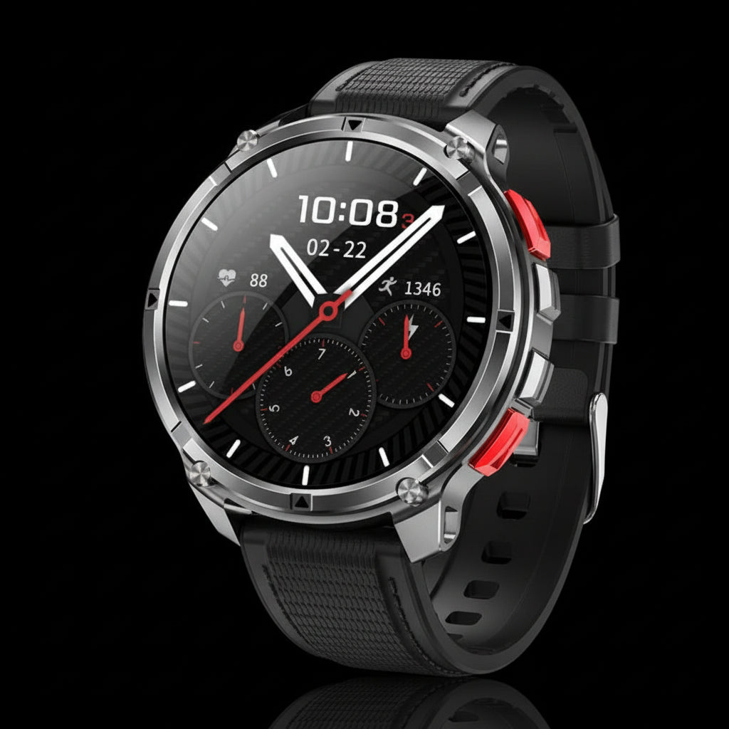 Smartwatch with black band and detailed features on a dark background