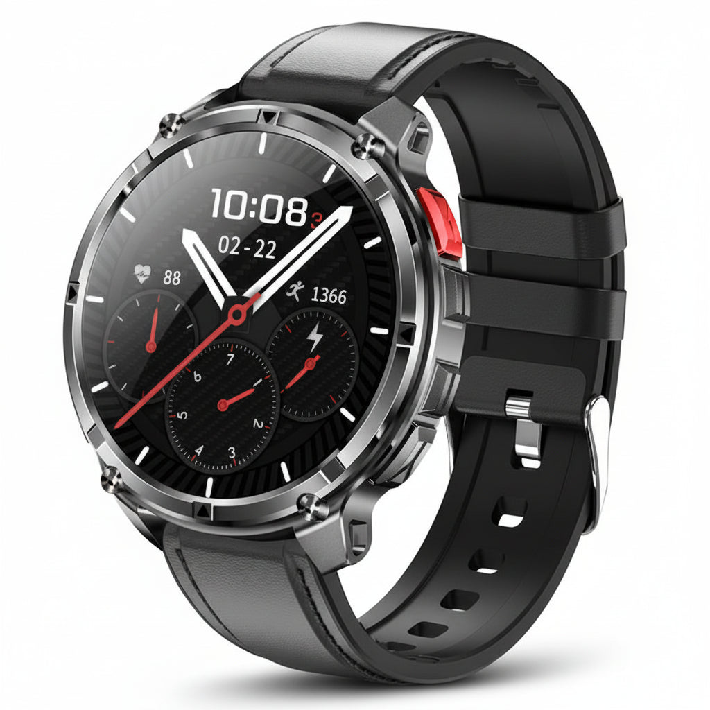 Smartwatch with black band and detailed features on a dark background