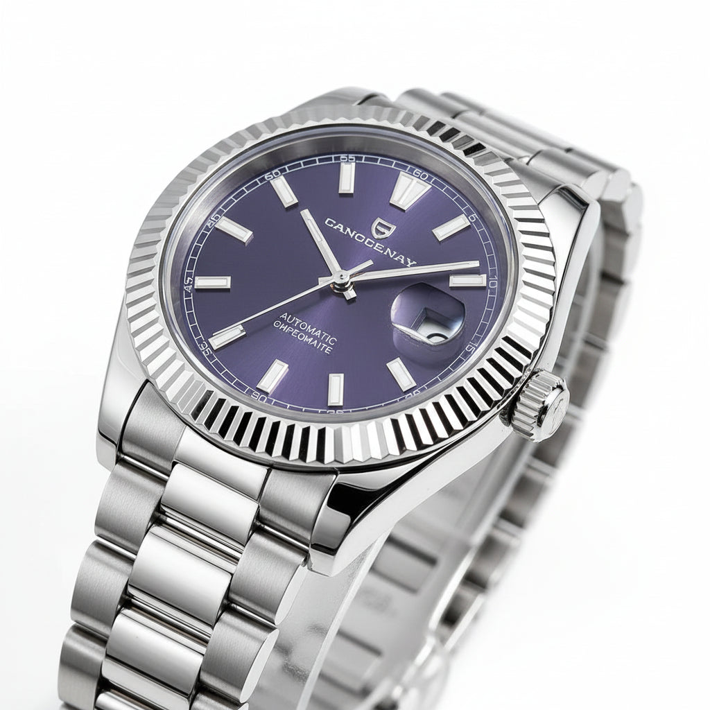 Close-up of a wrist wearing a silver watch with a purple face, blurred city street in the background.