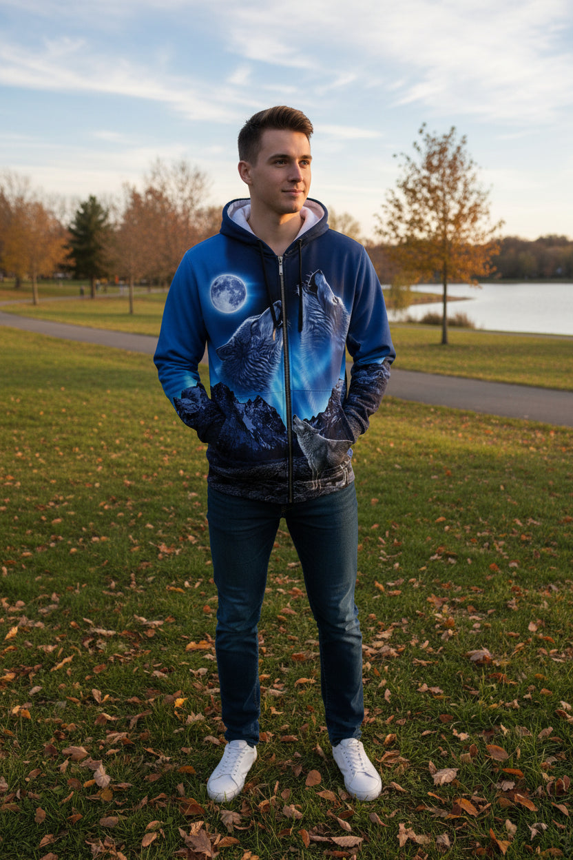 Hoodie with wolf and moon design on a white background