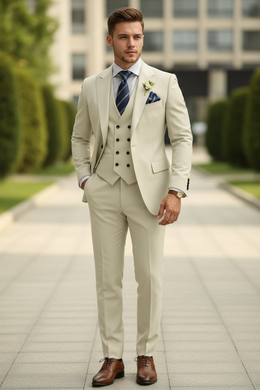Beige suit with a tie and pocket square on a white background