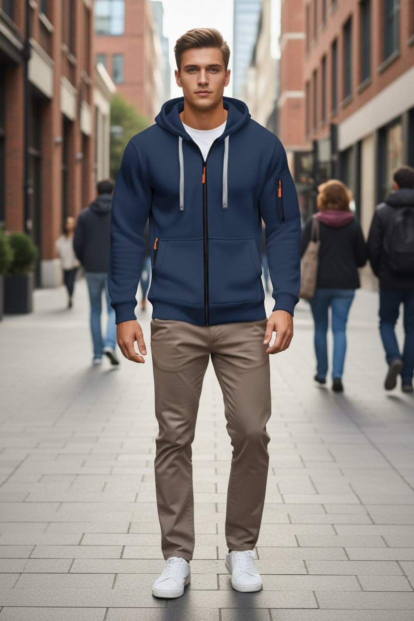 Man wearing a blue hoodie with orange accents in an urban setting