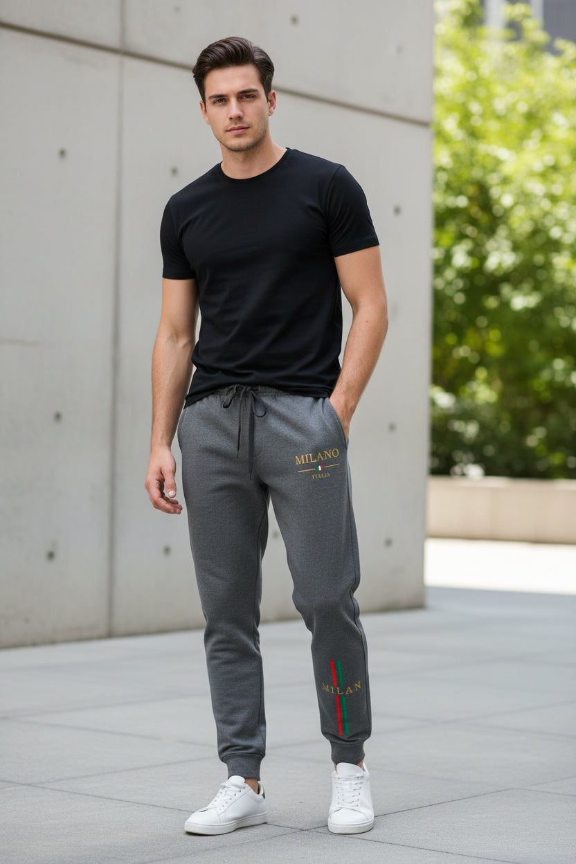Gray sweatpants with 'Milano Italia' text and flag on a white background