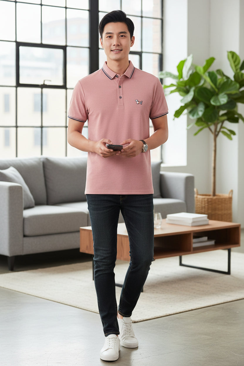 Pink polo shirt with a brand logo hanging on a rack with other shirts.
