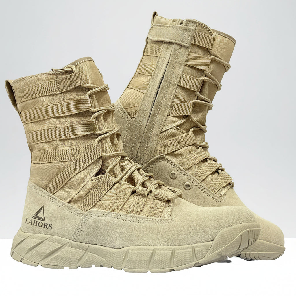 Tan tactical boots with multiple straps on a white background