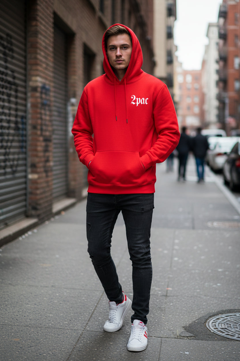 Red hoodie with '2Pac' text on front and back featuring a graphic of two men and 'All Eyes On Me' text.