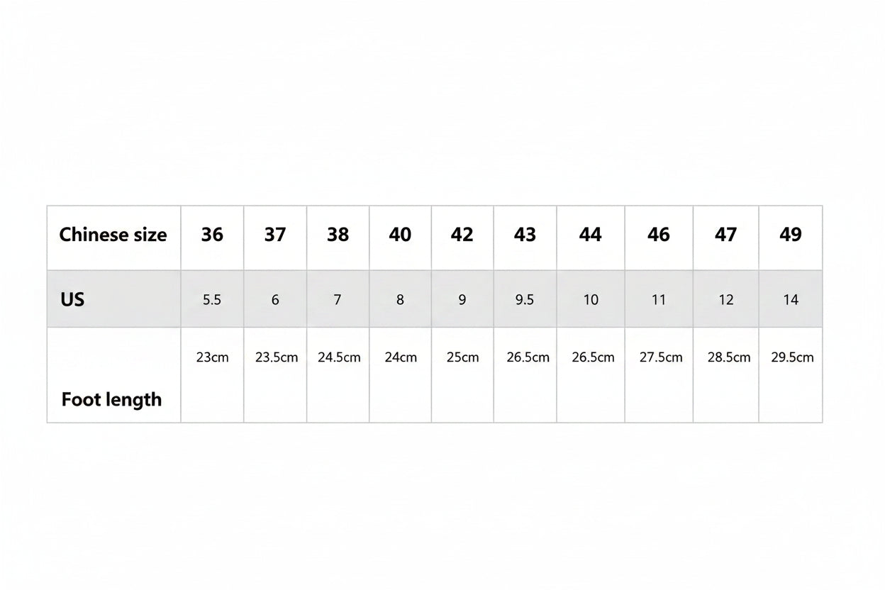 Table showing shoe size conversions with foot length measurements.