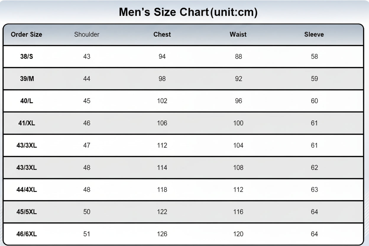 Men's size chart in centimeters for clothing measurements.