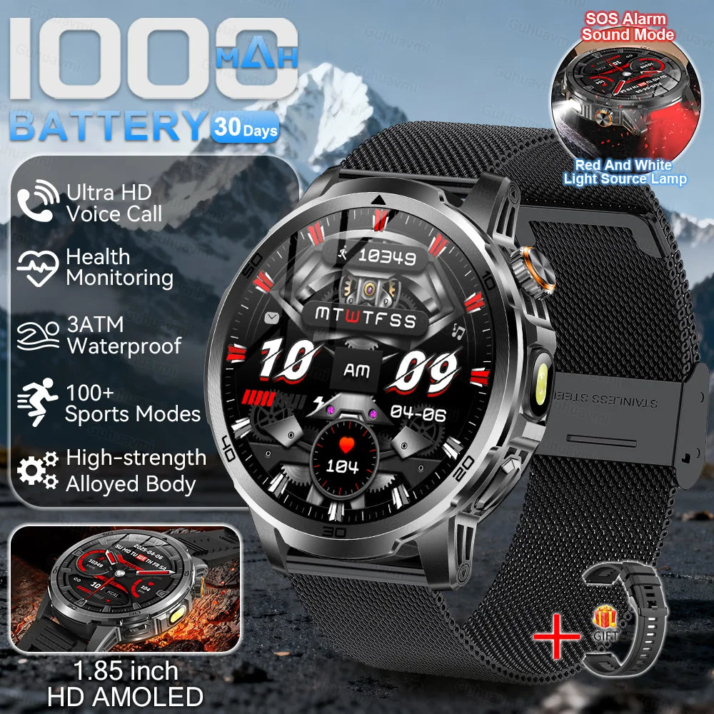 Smartwatch with black band and red accents on a mountainous background, featuring various watch functions.