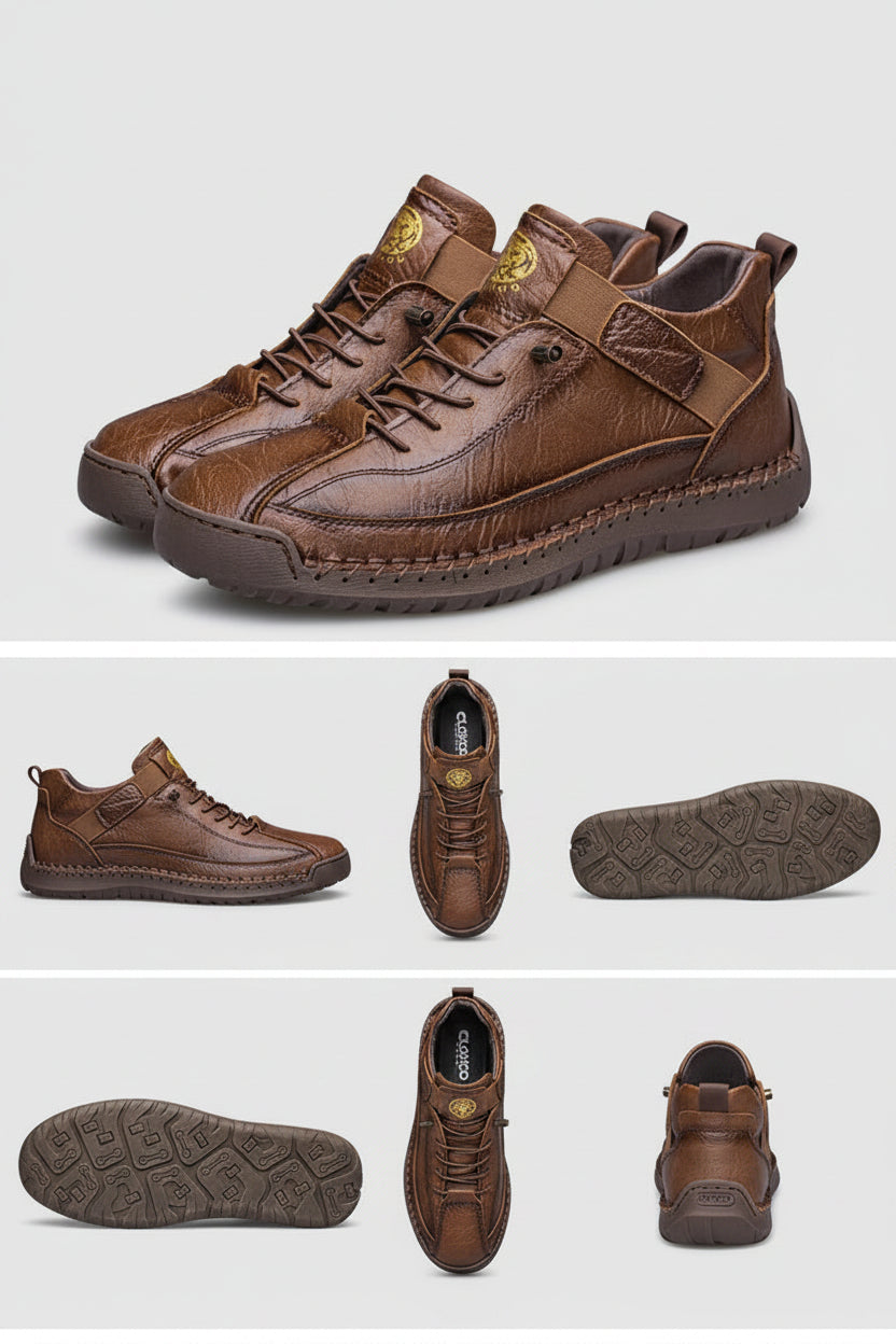 Brown leather shoes displayed from multiple angles on a white background.