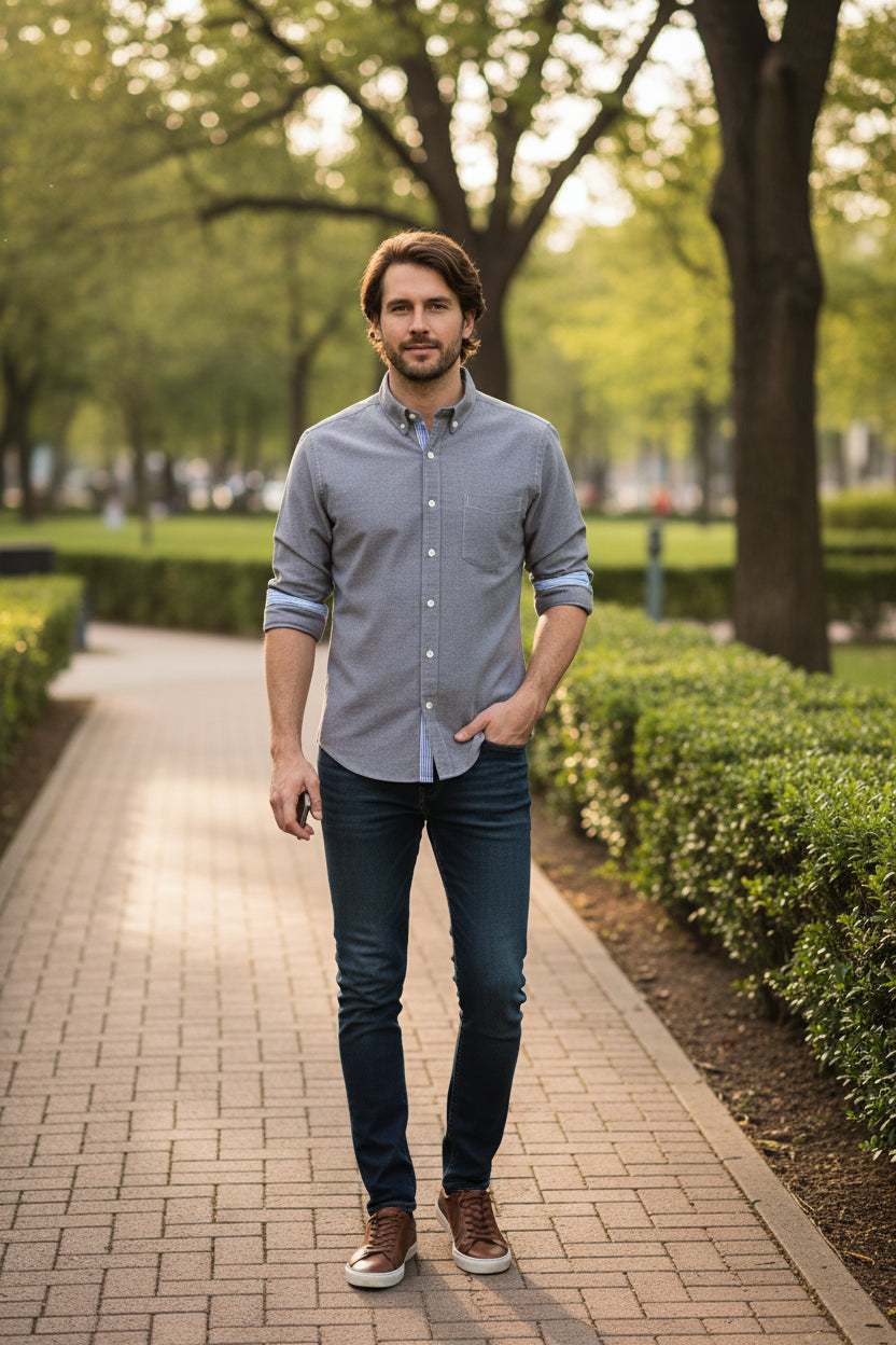 Gray dress shirt with a collar on a white background