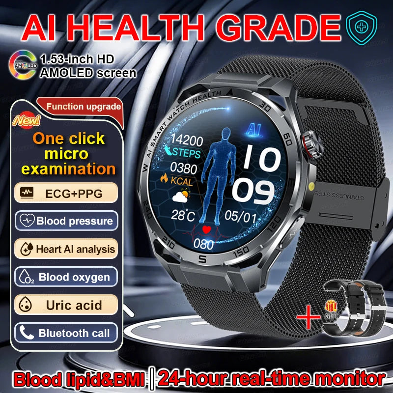 Smartwatch with health monitoring features and AMOLED screen on a dark background