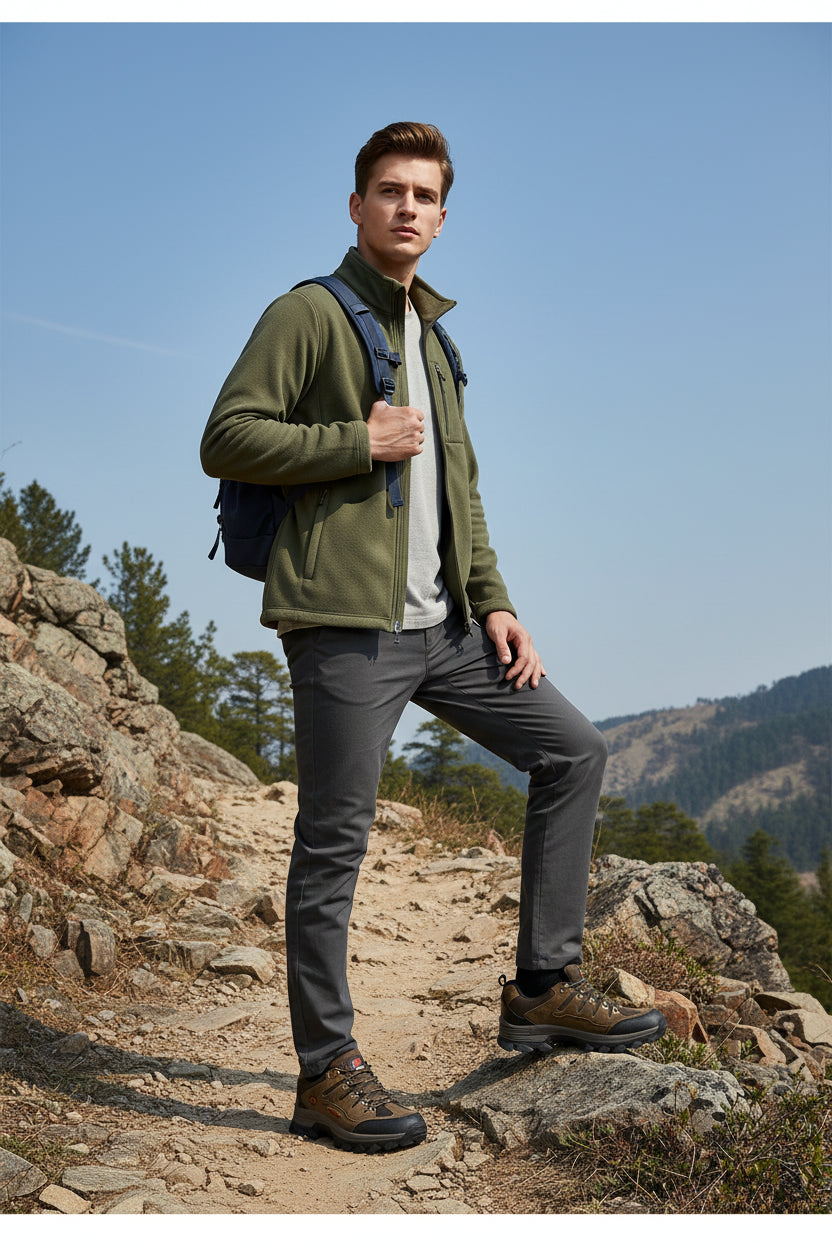Pair of gray and brown hiking shoes with black soles on a white background