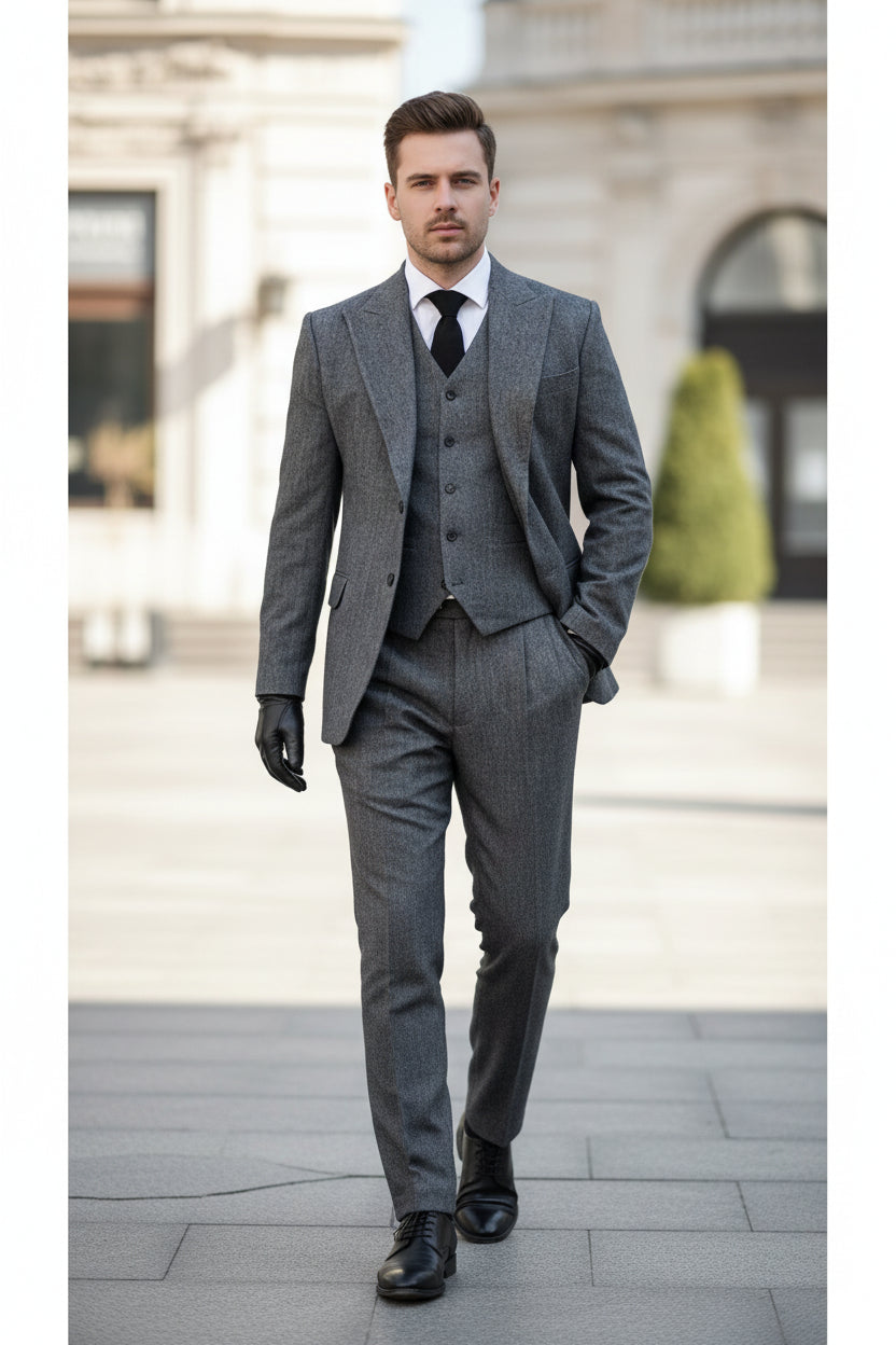 Gray suit with vest and tie worn by a person, blurred background