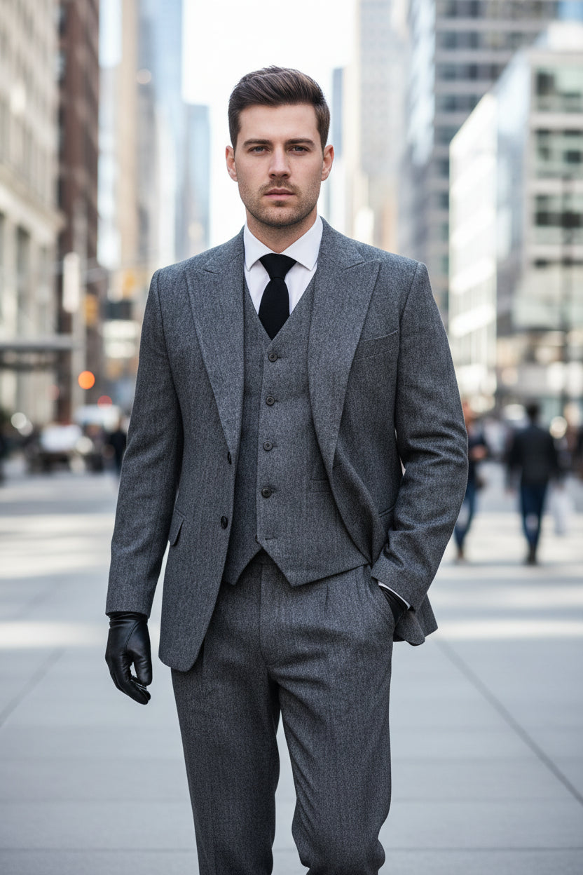 Gray suit with vest and tie worn by a person, blurred background