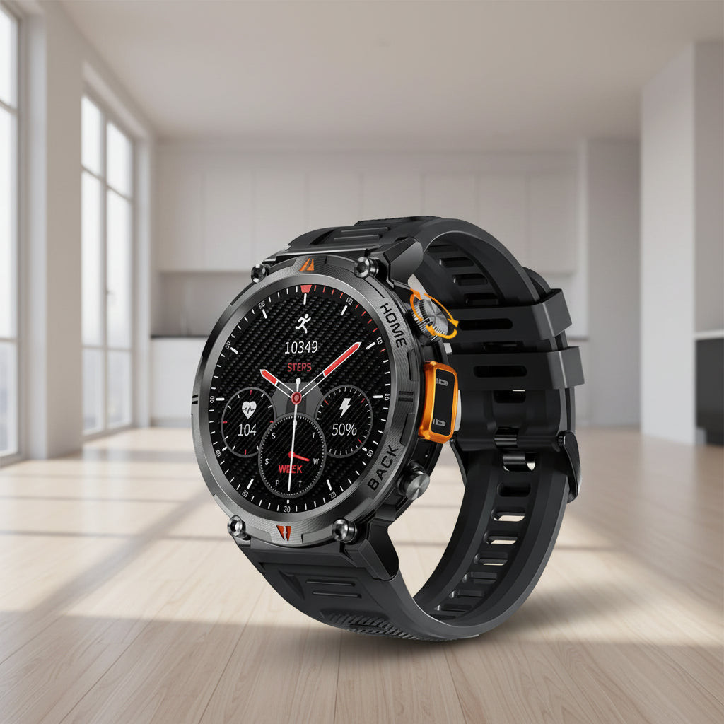 Smartwatch with black strap and digital display, featuring EIGIIS branding and product features.