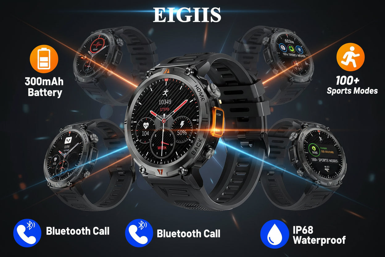 Smartwatch with black strap and digital display, featuring EIGIIS branding and product features.