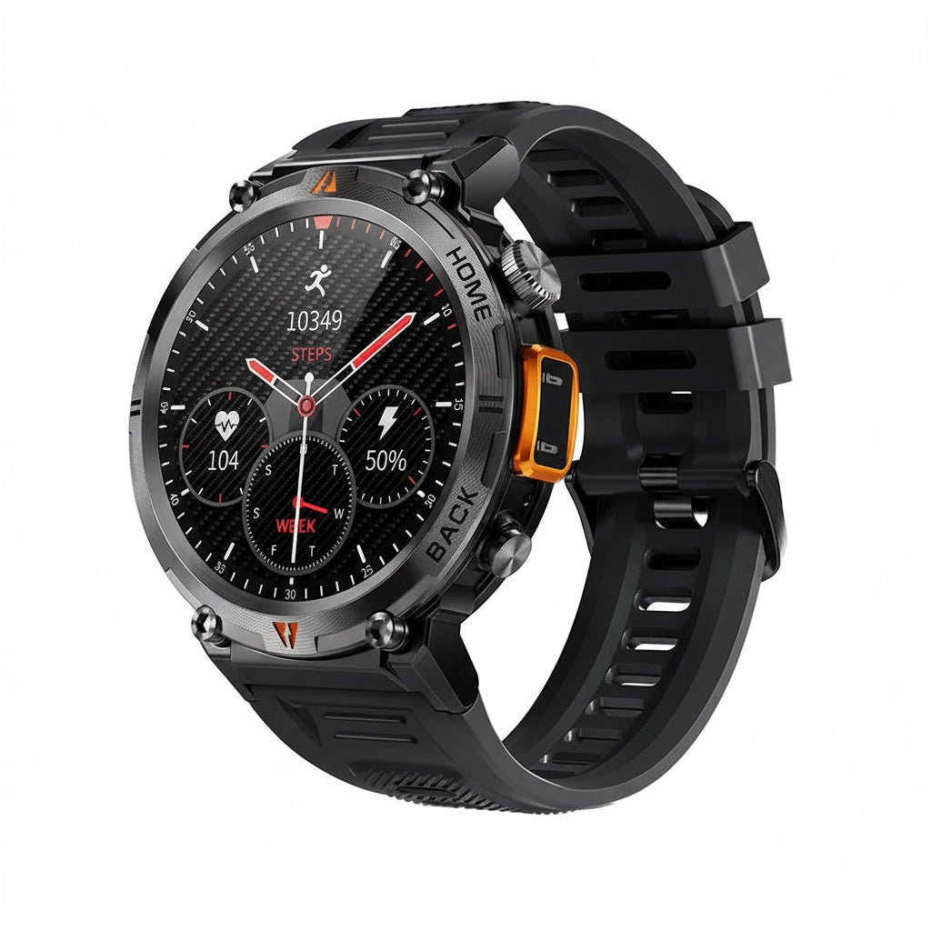 Smartwatch with black strap and digital display, featuring EIGIIS branding and product features.