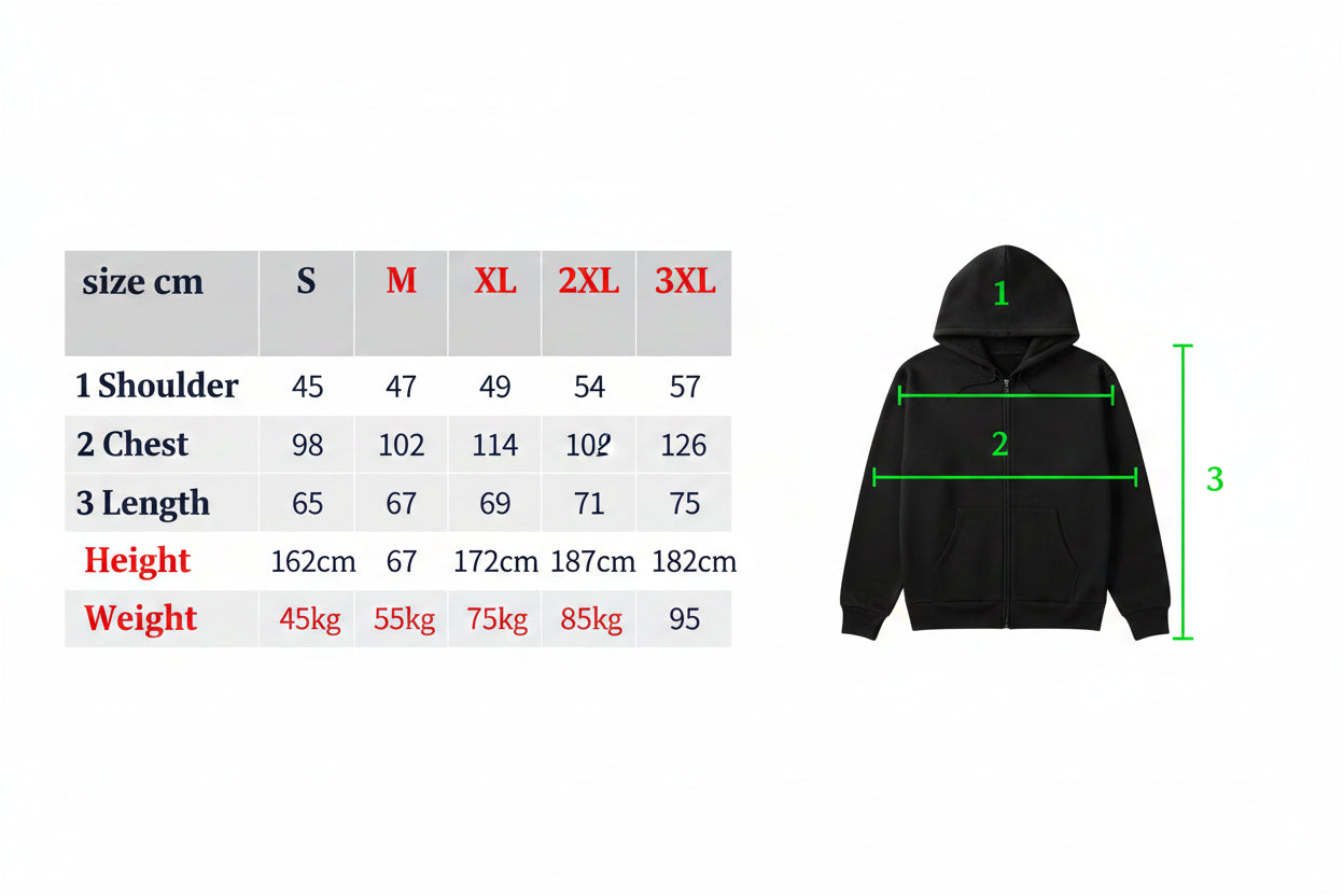 Black hoodie with size chart showing measurements in centimeters and inches.