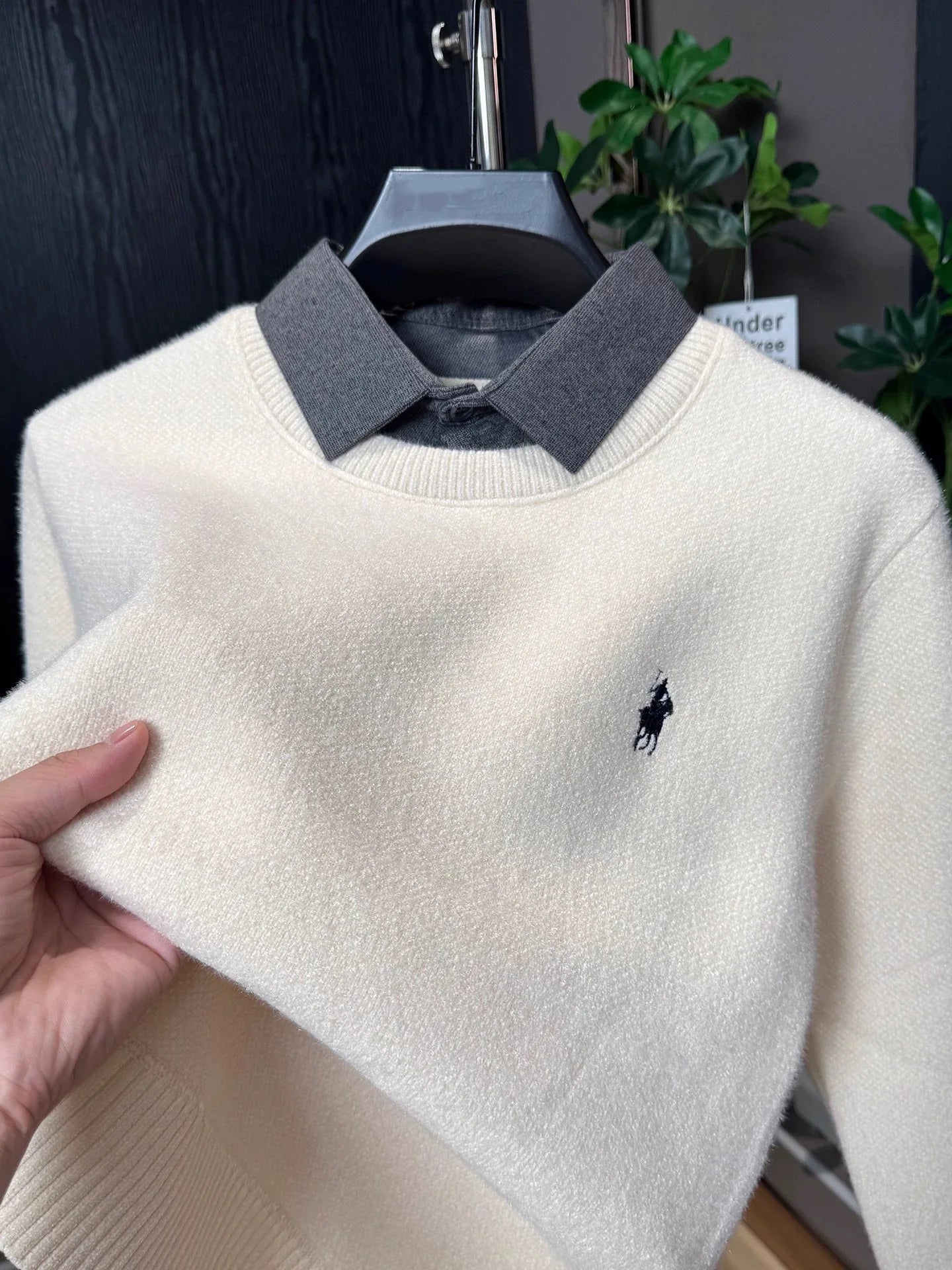 High end trendy pony embroidery men's sweater luxury brand fashion Paul winter velvet warm striped shirt collar knitted pullover