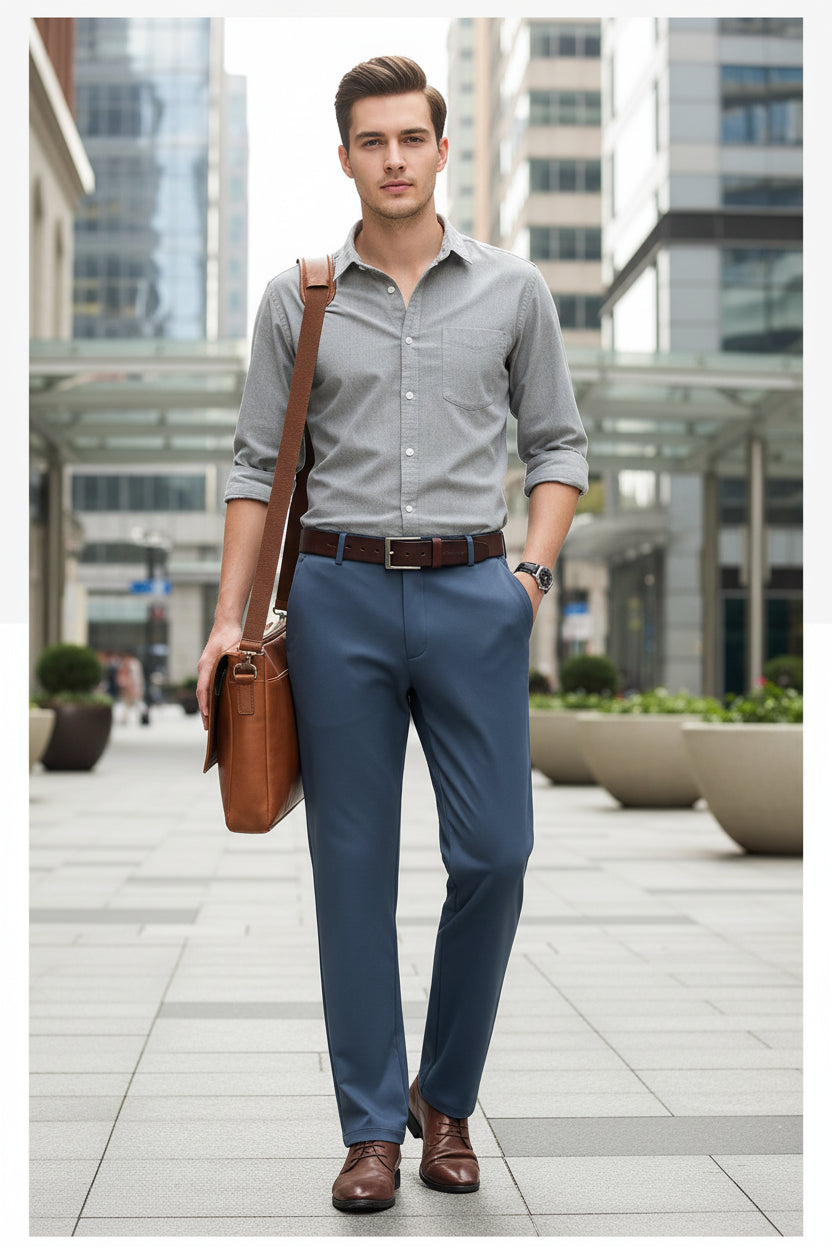 Person wearing gray dress pants with a black leather bag and brown shoes on a light gray background