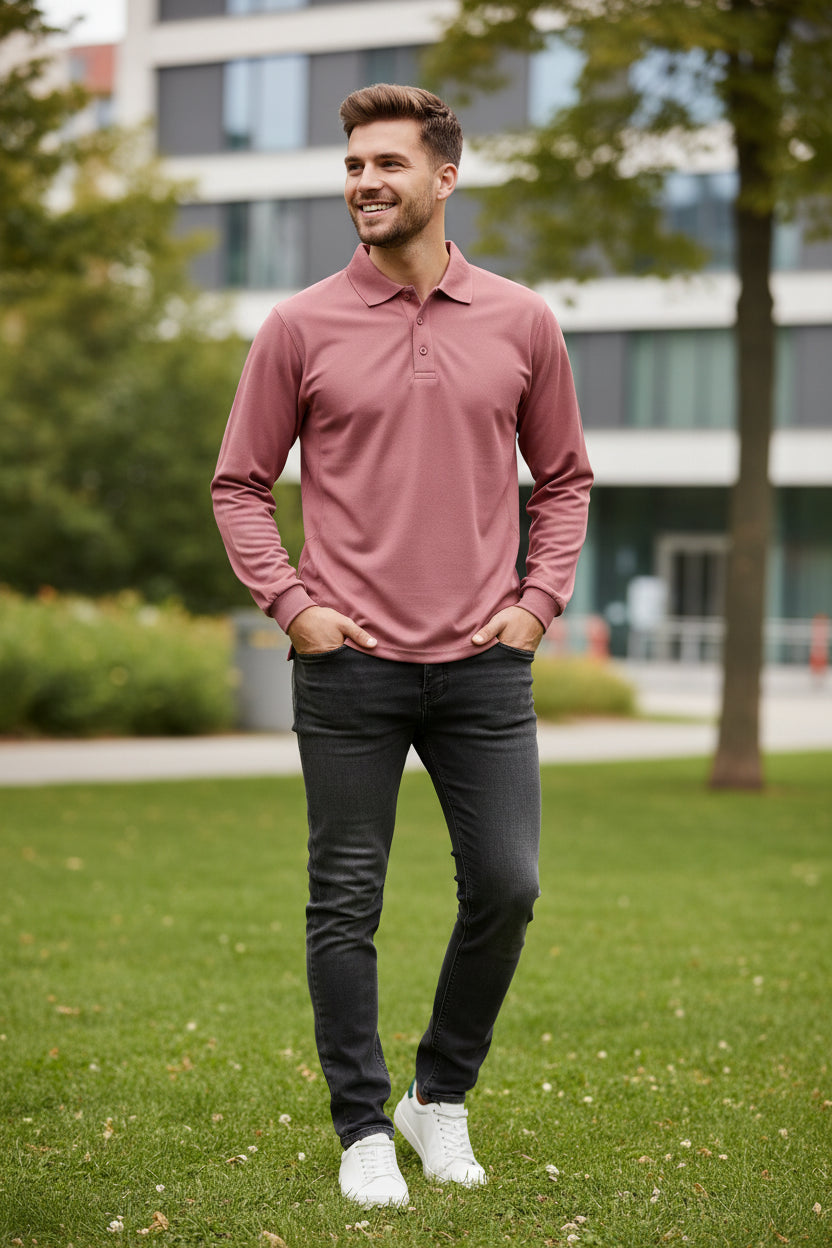 Pink long-sleeve polo shirt with 'TacVasen' branding on a white background