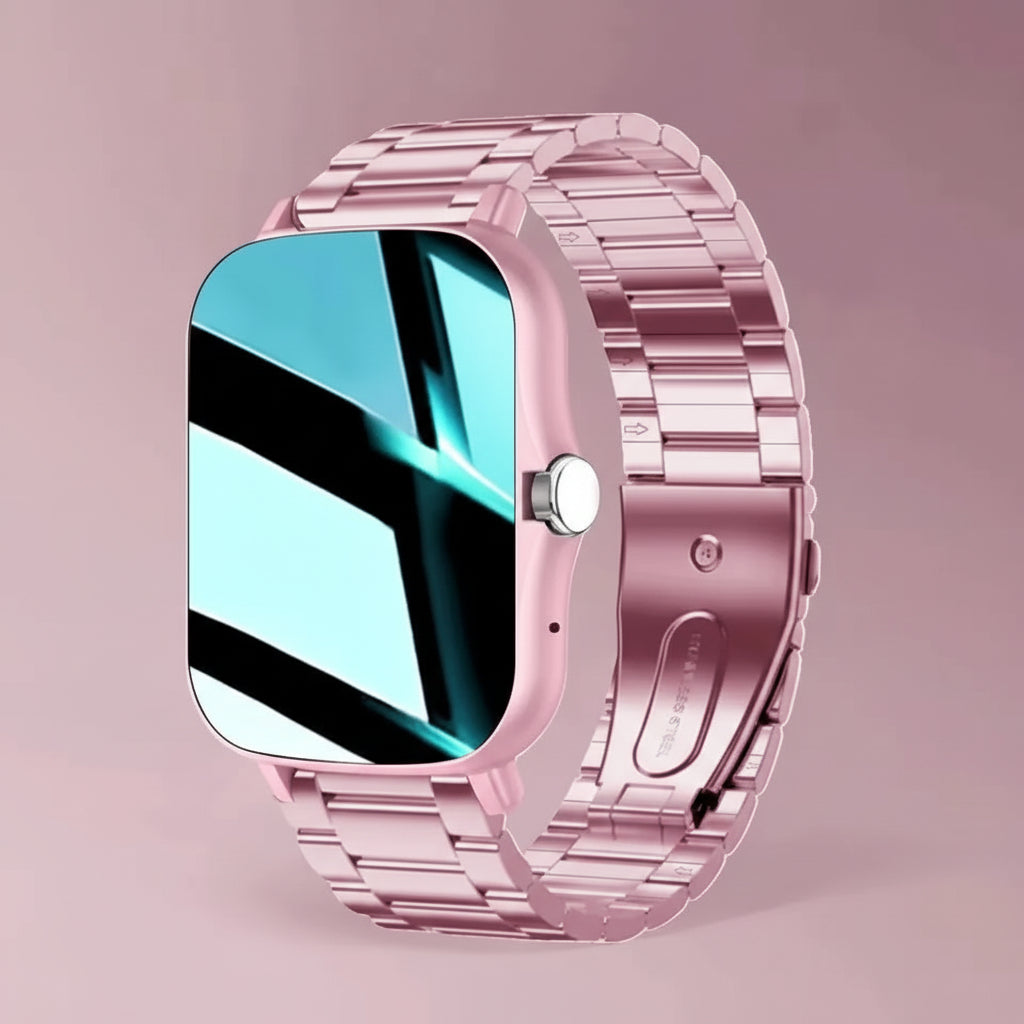 Pink smartwatch with metal band and additional pink band on a light pink background
