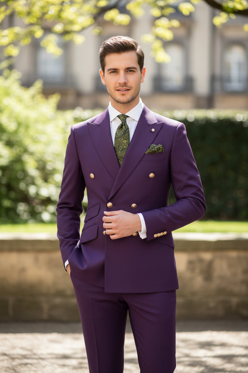 Teal suit with gold buttons on a mannequin and separate pants on a white background