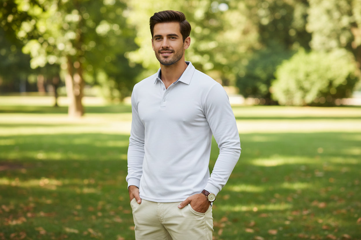 White long-sleeve polo shirt worn by a person on a white background