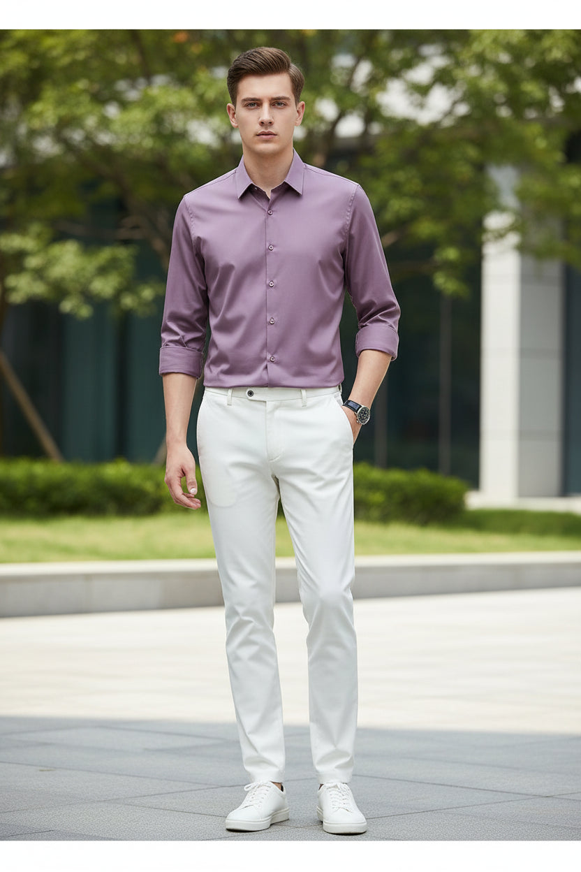 Purple shirt worn by a person on a black background